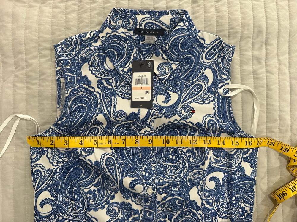 NWT Tommy Hilfiger Paisley Sleeveless Belted Shirtdress Blue White Size 2 - Picture 3 of 7